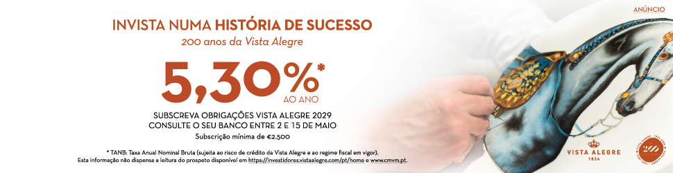 Anúncio mostra oferta de obrigações Vista Alegre 2029 com taxa anual de 5,30% e subscrição mínima de €2.500.